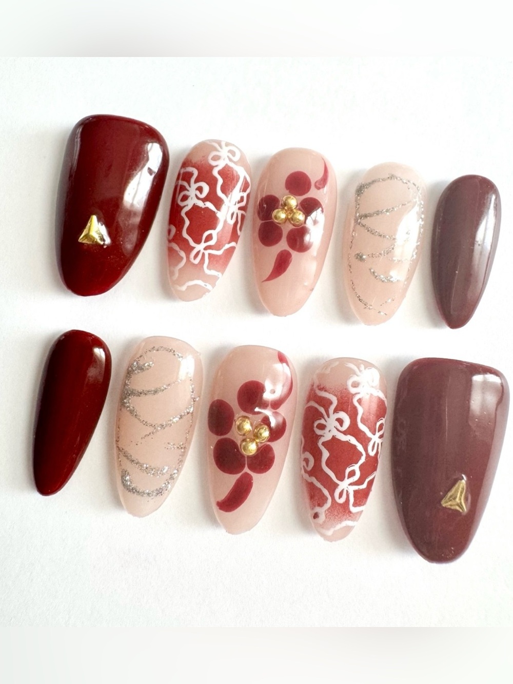 Elegant Burgundy & Nude Floral Press-On Nails